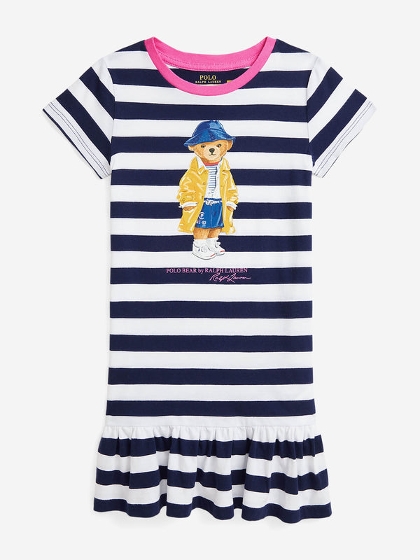 Girls Striped Polo Bear T-Shirt Dress in Navy