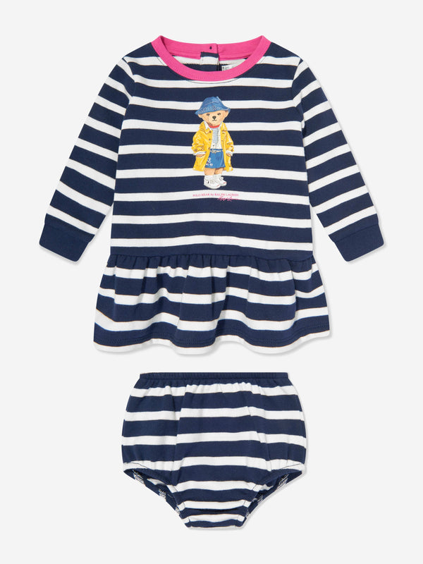 Baby Girls Striped Polo Bear Dress in Navy