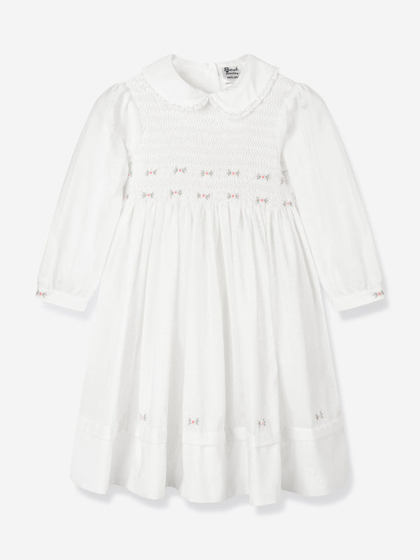 Girls Smocked Embroidered Dress in Ivory