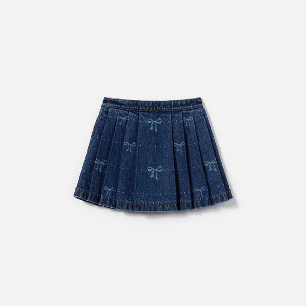 Girls Denim Bow Print Skirt in Blue