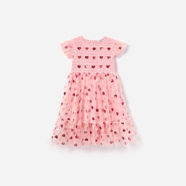 Girls Mesh Heart Sequin Dress in Pink