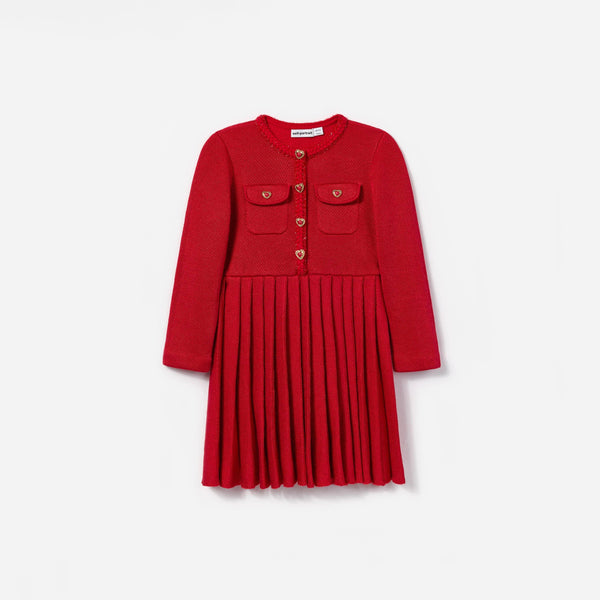 Girls Knitted Pleat Dress in Red