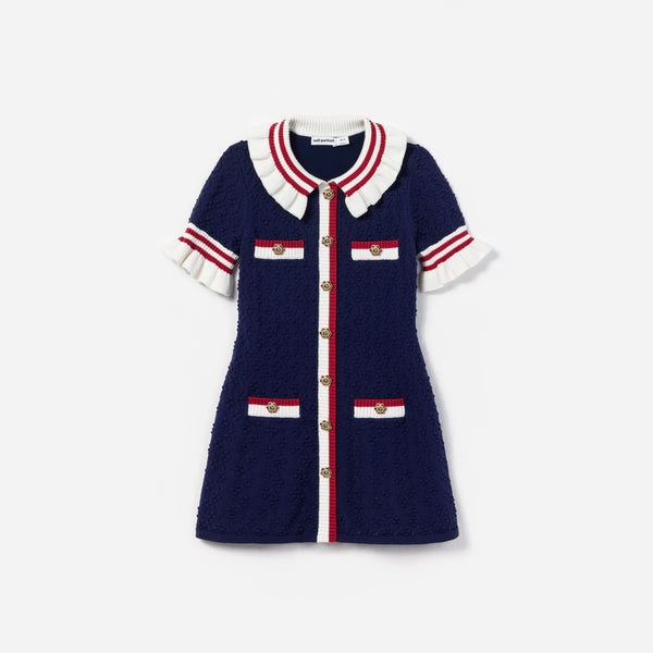 Girls Textured Knit Dress in Navy