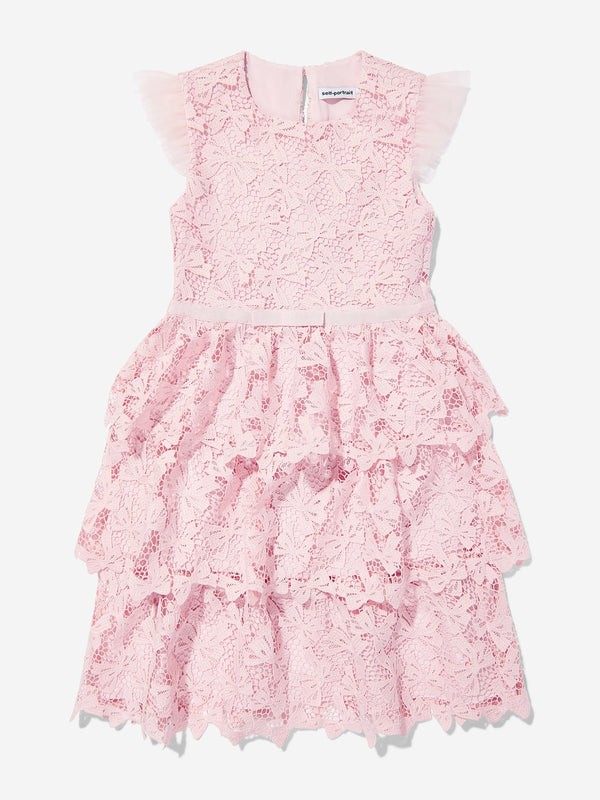 Girls Bow Lace Tiered Dress in Pink