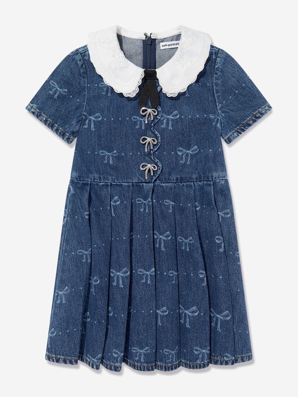 Girls Bow Denim Mini Dress in Blue