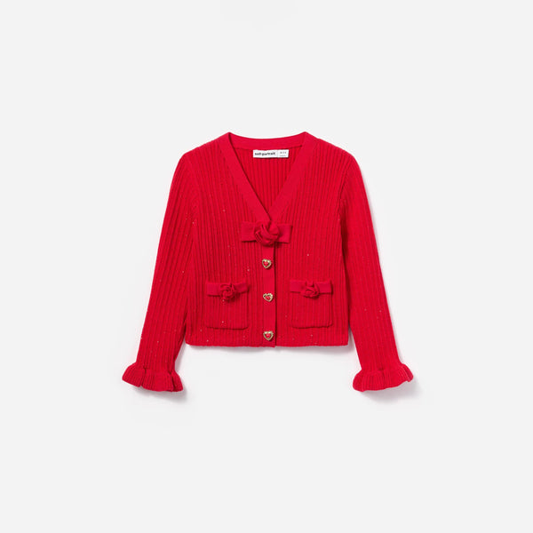 Girls Ribbed Knit Cardigan in Red