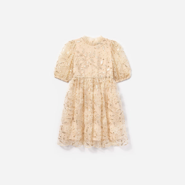 Girls Sequin Tulle Dress in Ivory