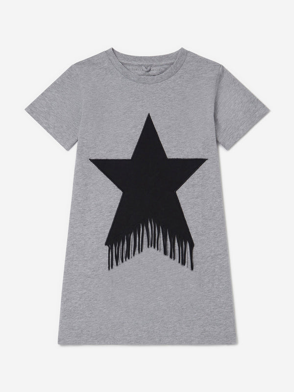 Girls Fringed Star Jersey Dress in Grey