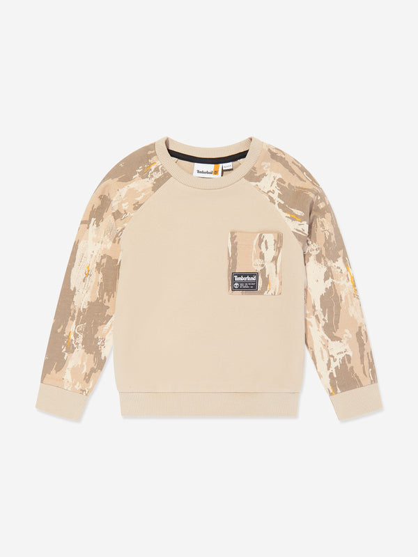 Timberland Boys Patterned Sleeve Sweatshirt in Beige