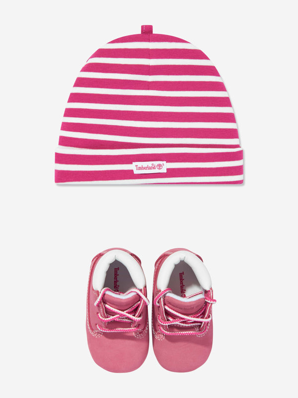 Timberland Baby Girls Crib Bootie and Hat Set in Pink