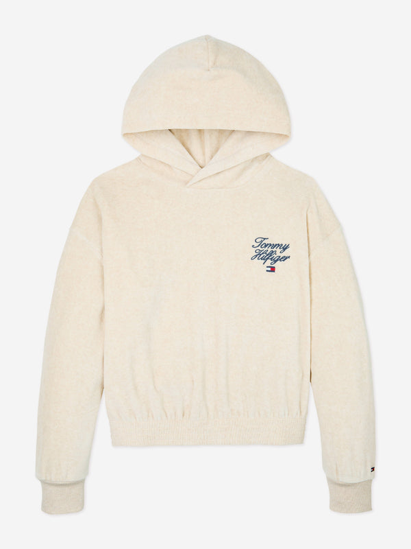 Tommy Hilfiger Girls Script Logo Velour Hoodie in Beige