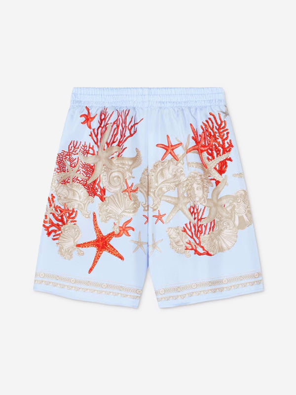 Versace Boys Silk Barocco De La Mer Shorts in Blue