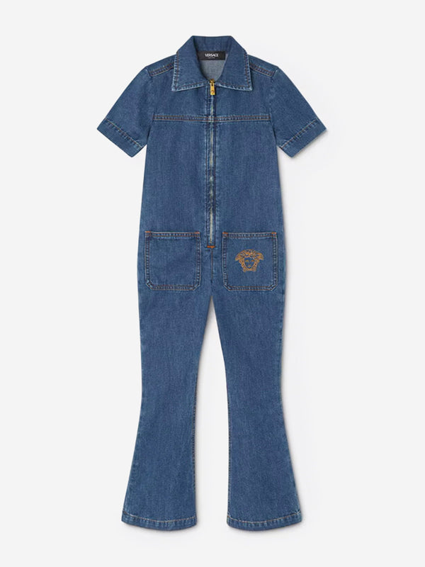 Versace Girls Denim Logo Jumpsuit in Blue