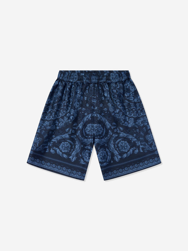 Versace Boys Silk Barocco Shorts in Navy