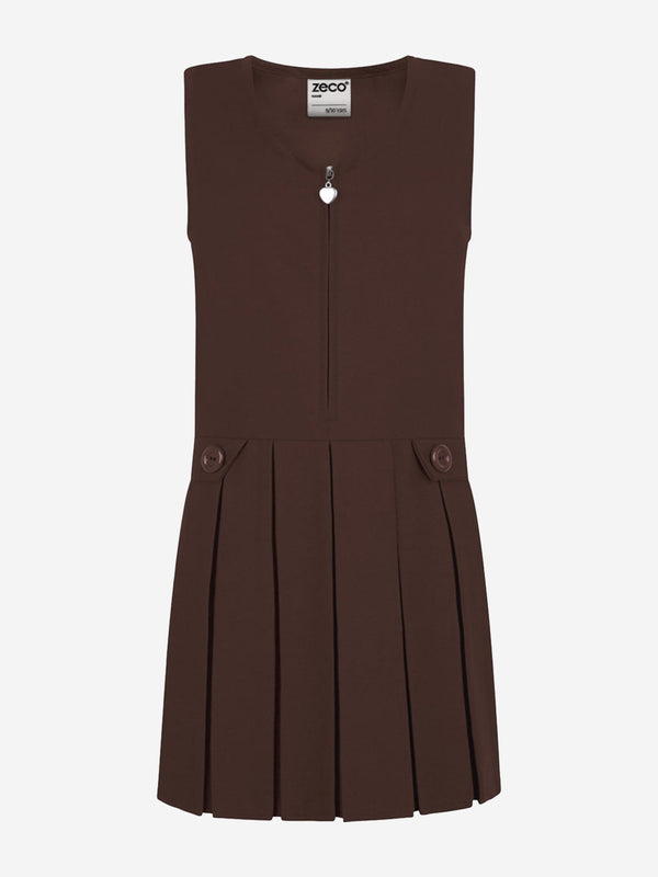 Zeco Girls School Zip Front Pinafore Dress in Brown