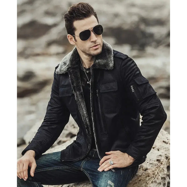 Aurora Men’s Black Sheepskin Leather Jacket