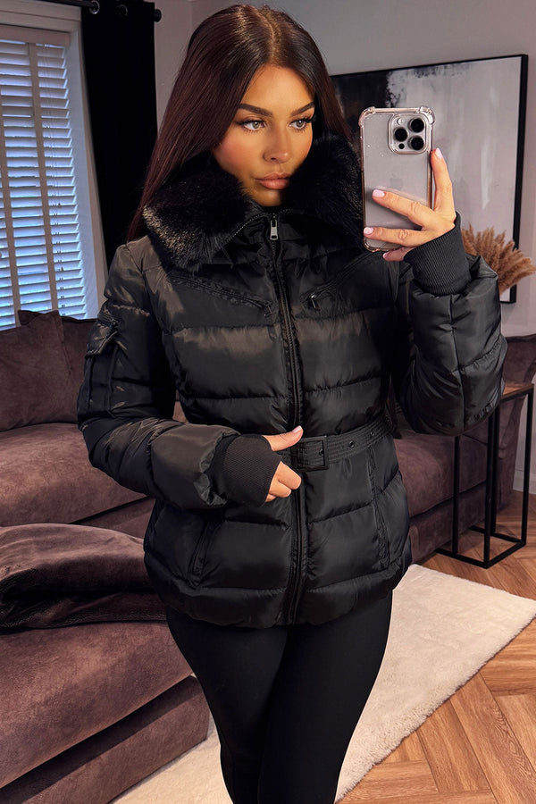 Black Faux Fur Hood Jacket With Belt