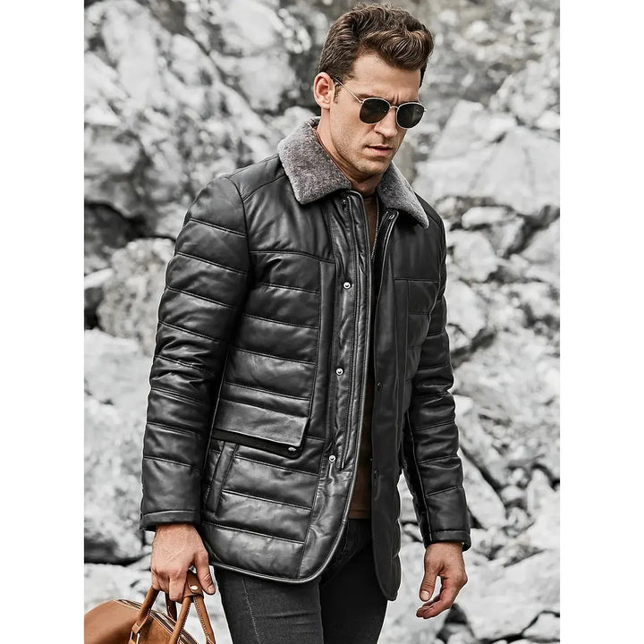 Men's real leather winter coat
