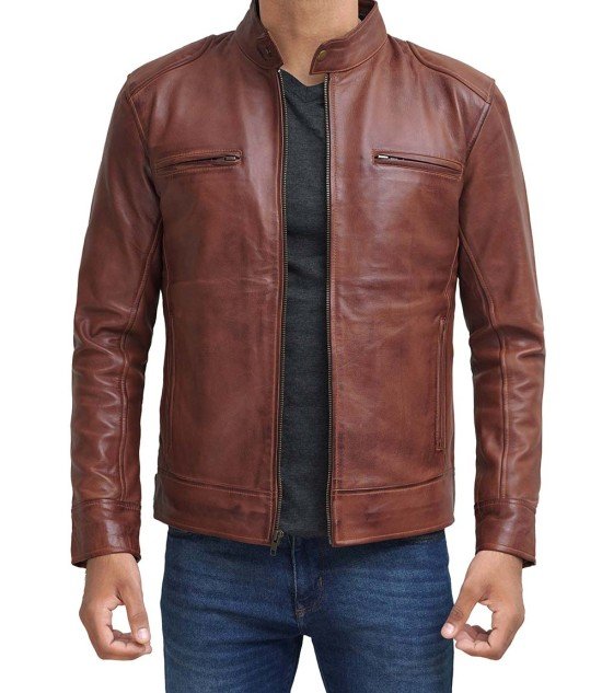 Dodge Men’s Cognac Cafe Racer Leather Jacket
