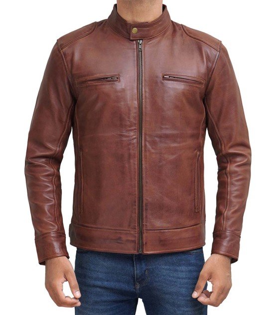 Cognac cafe racer leather jacket
