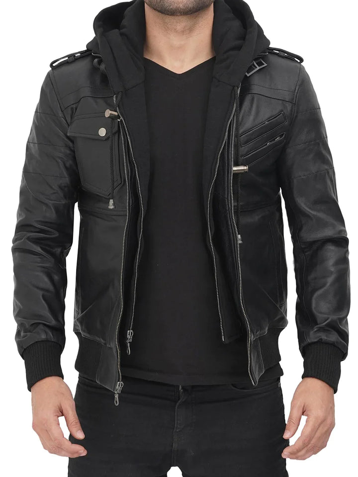 Premium black leather jacket with hood
