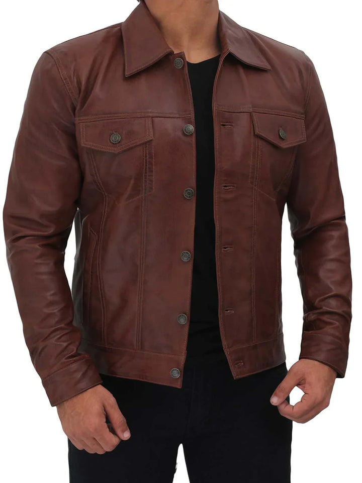 Brown leather trucker jacket for men
