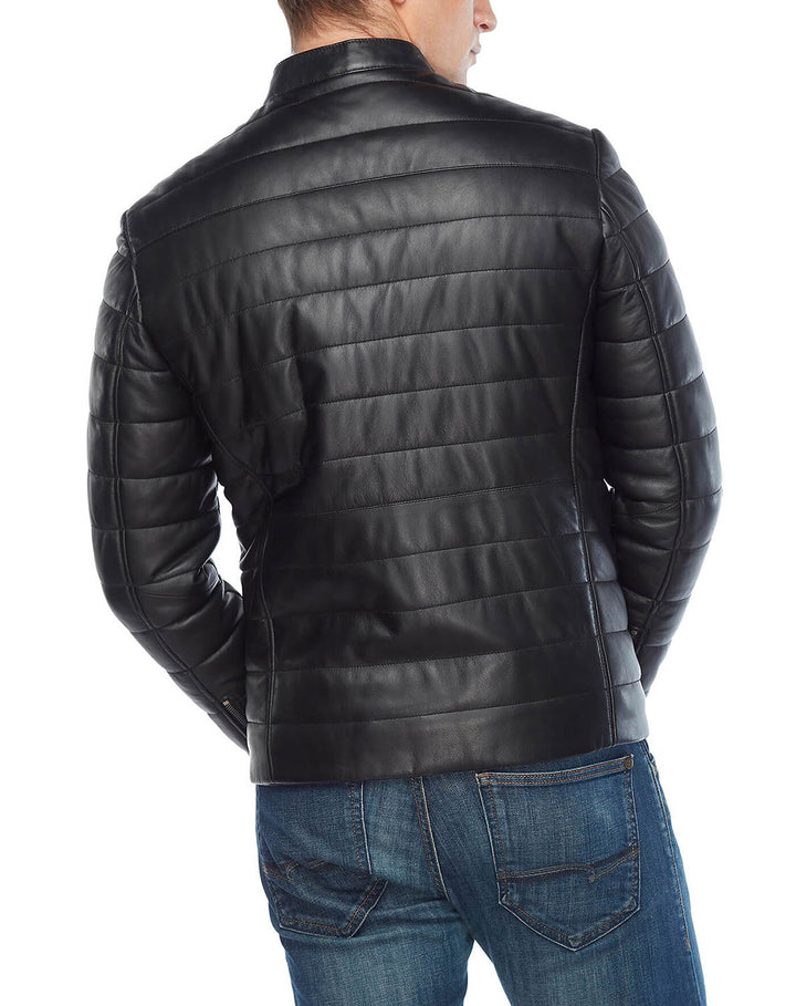 Black leather puffer jacket for winter
