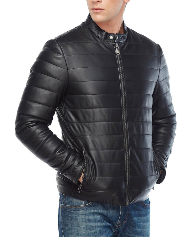 Genuine Black Leather Men’s Puffer Jacket
