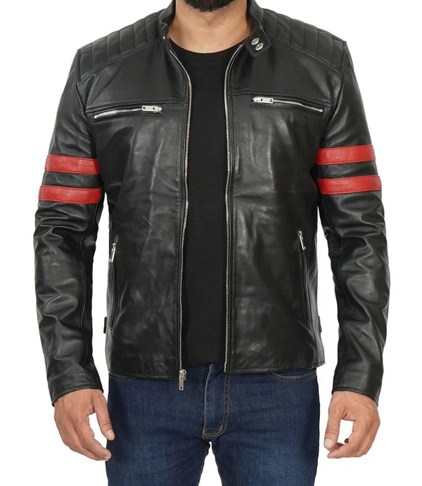 Men’s Red Stripe Cafe Racer Leather Jacket
