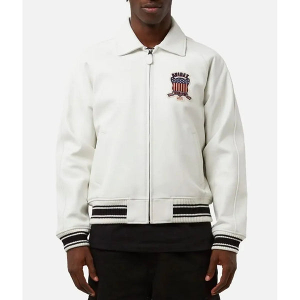 Men’s White Avirex Icon Leather Bomber Jacket
