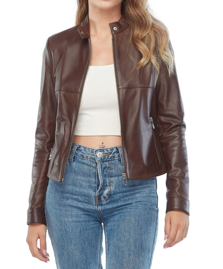 women brown leather biker jacket