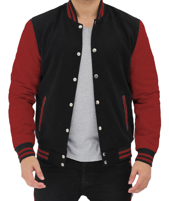 Men's maroon and black varsity jacket
