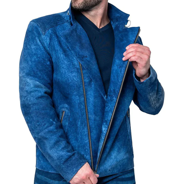 Blue suede leather jacket
