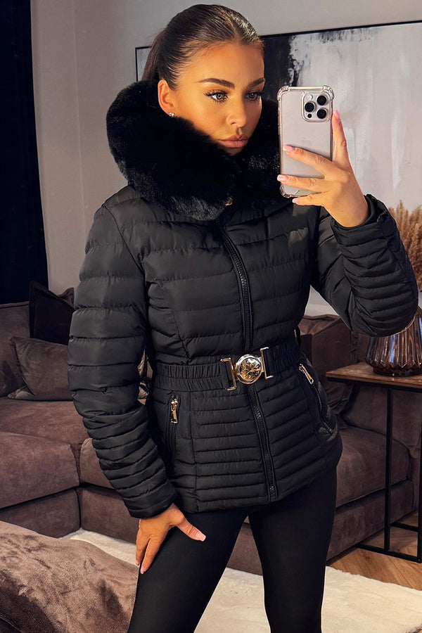 Black Puffer Jacket With Faux Fur Hood And Gold Belt