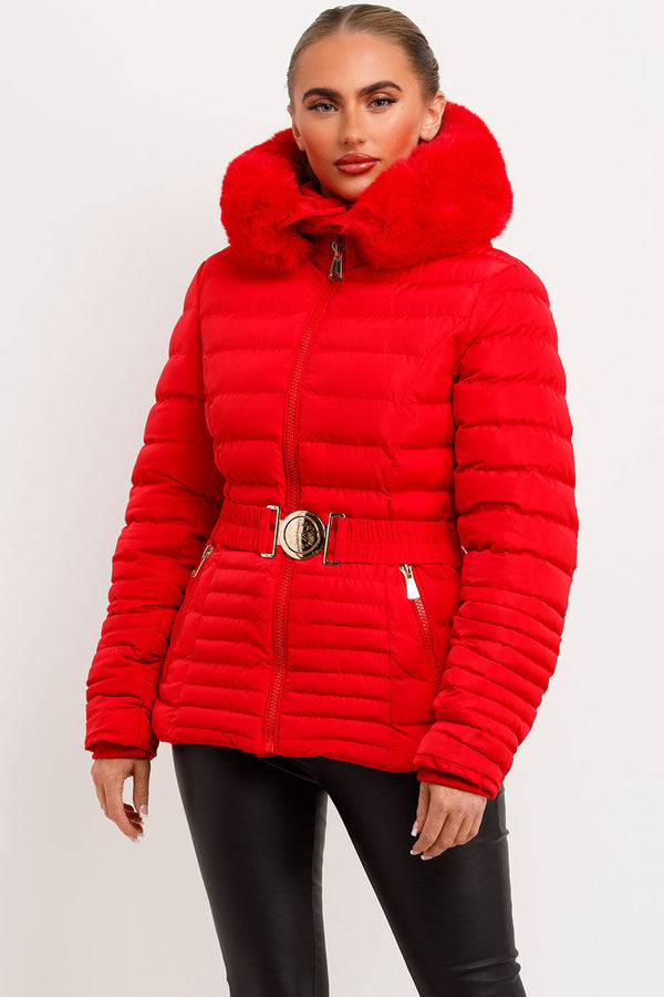 Red Puffer Jacket With Faux Fur Hood And Gold Belt