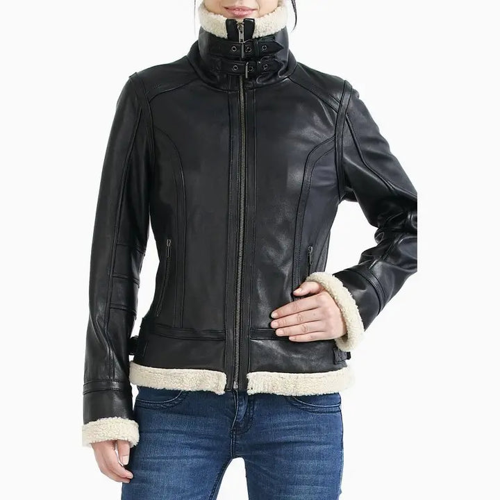 Black shearling bomber jacket for women
