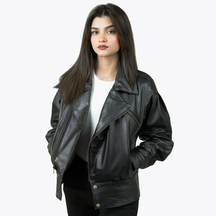 Women’s black leather biker jacket
