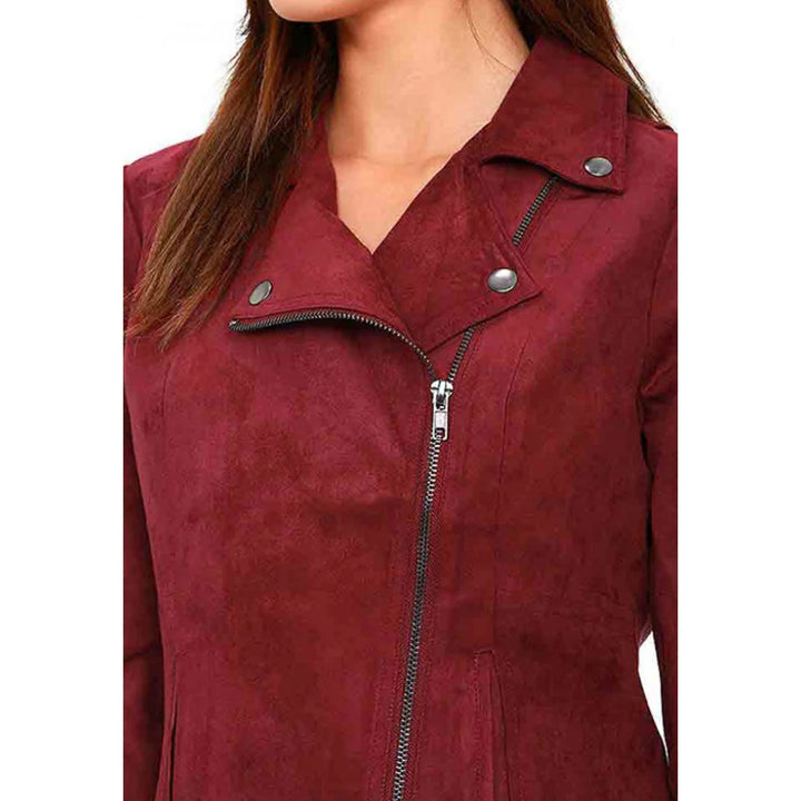 Women’s red suede leather biker jacket
