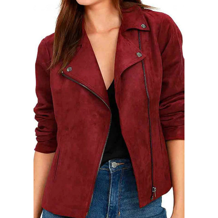 Red suede biker jacket for women
